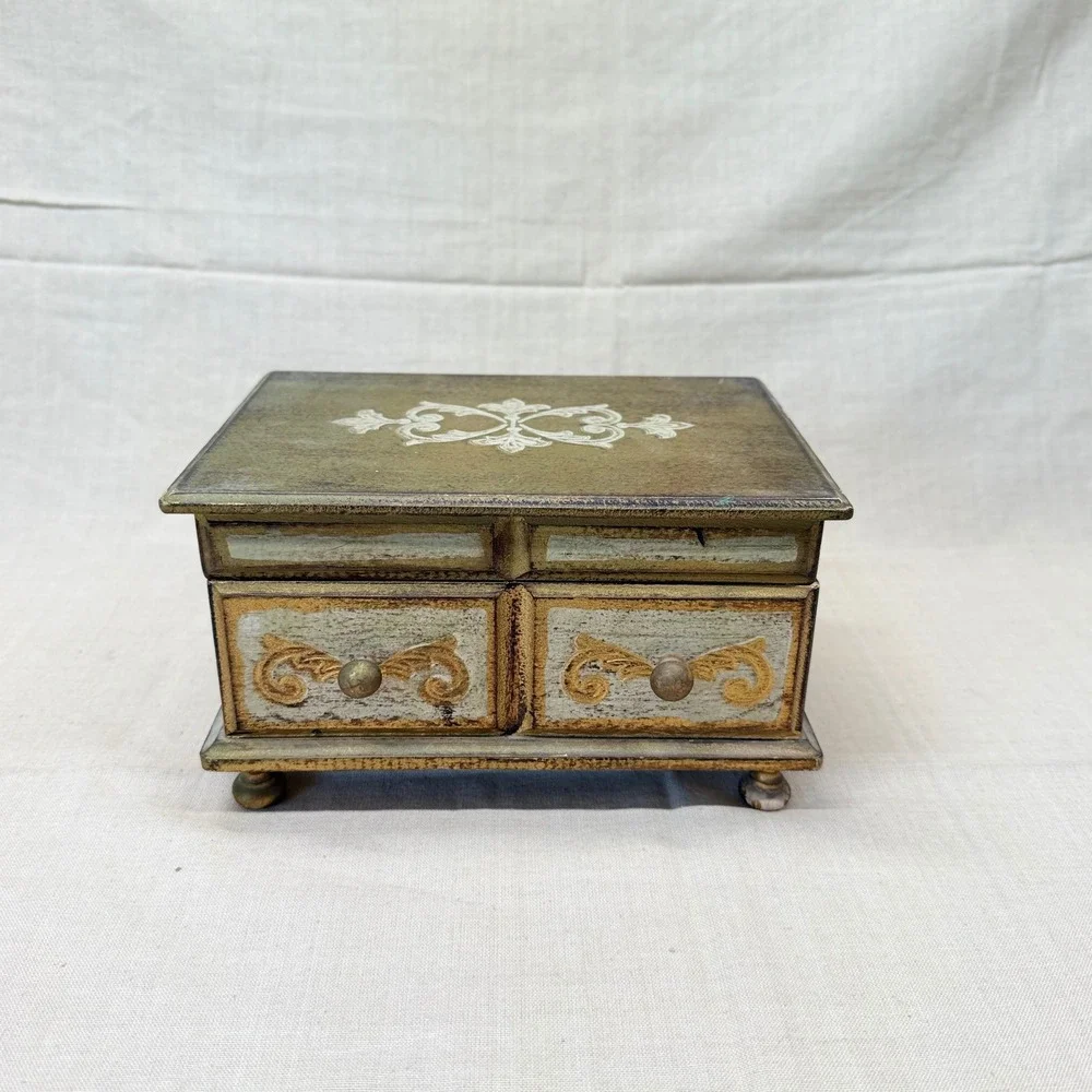 Vintage Italian Florentine Jewelry Box Gold Gilt Wood Red Velvet Mirror Trinket